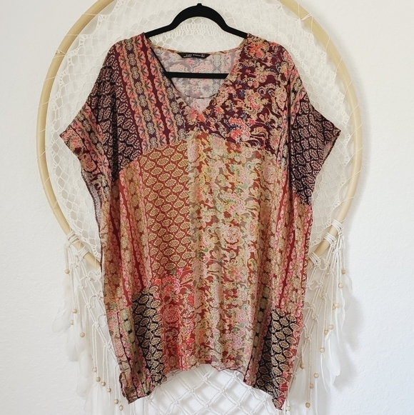 Zara Mixed Print Multi-Color Patchwork Longline Tunic Caftan coverup - Picture 3 of 10